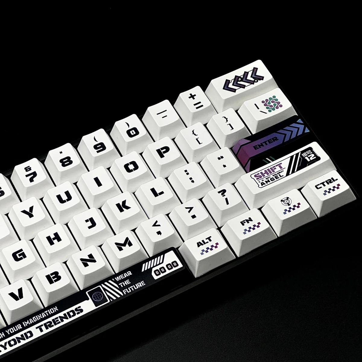 A collection of exclusive Warframe PBT keycaps set, featuring detailed futuristic weapon and character art from multiple angles.