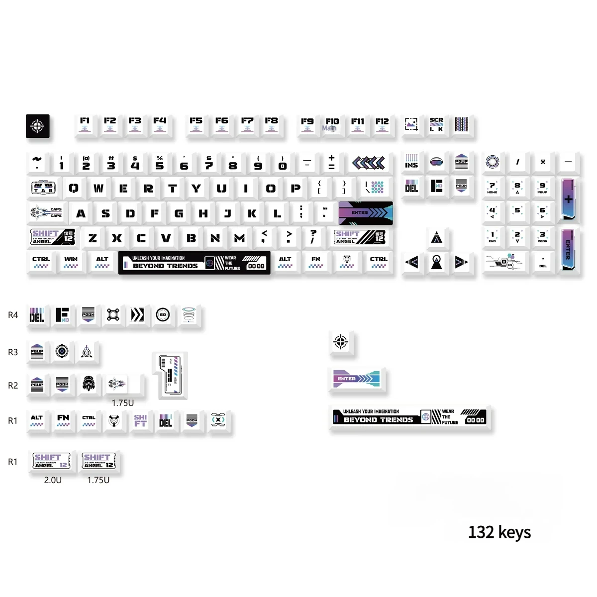 Exclusive Warframe PBT gaming keycaps set displayed from multiple angles, showcasing intricate dark sci-fi character and weapon art for a premium gaming design.