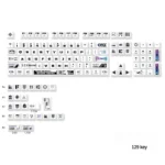 Exclusive Warframe PBT gaming keycaps set shown from multiple angles, highlighting intricate dark sci-fi art and futuristic character motifs.