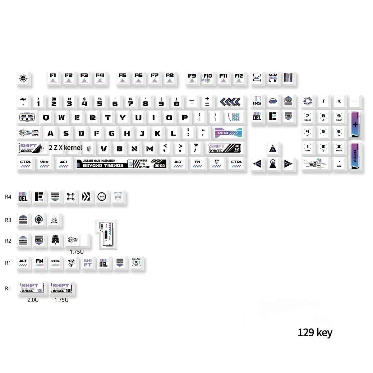 Exclusive Warframe PBT gaming keycaps set shown from multiple angles, highlighting intricate dark sci-fi art and futuristic character motifs.