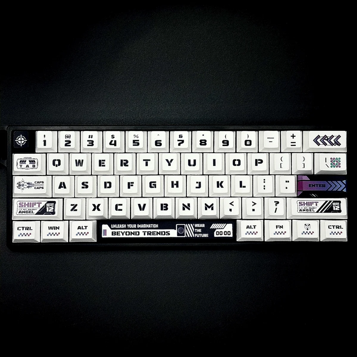 Exclusive Warframe Keycaps PBT gaming set, showcasing intricate futuristic sci-fi art with character and weapon motifs on a dark background.