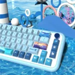 A close-up view of the mystical Whale Fall Deep Ocean PBT Keycap Set, showcasing its serene underwater world design and unique PBT texture from multiple angles.
