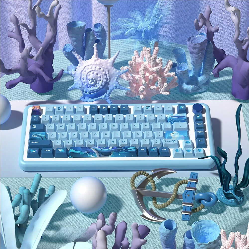Unique Whale Fall Deep Ocean PBT keycap set. A mystical main image captures the serene deep blue underwater world with a whale skeleton and vibrant design.
