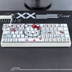 Hello Kitty backlit PBT keycaps set gallery: iconic white designs, vibrant side-lit legends, and durable PBT from multiple playful angles.