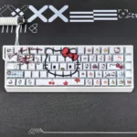Close-up of the playful Hello Kitty backlit PBT keycaps set, showcasing iconic white designs and vibrant side-lit legends for durable charm.