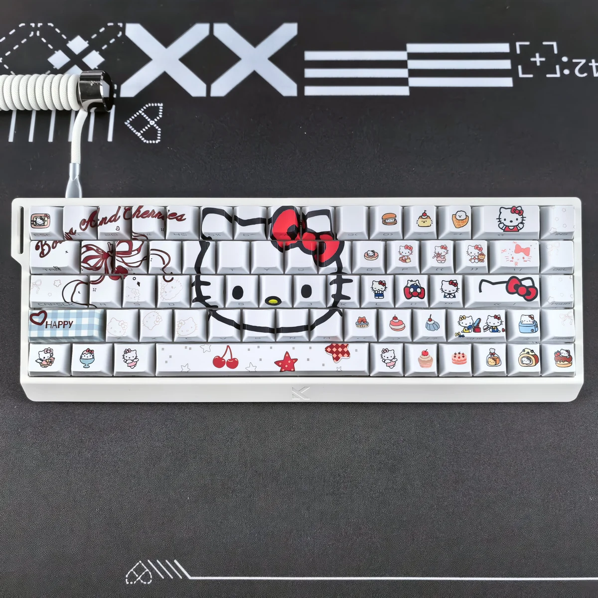 Close-up of the playful Hello Kitty backlit PBT keycaps set, showcasing iconic white designs and vibrant side-lit legends for durable charm.