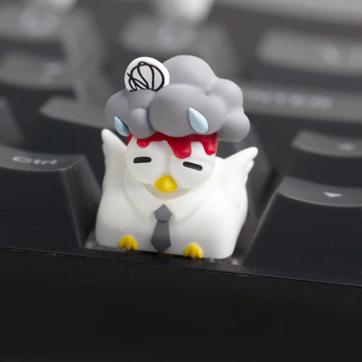 Whimsical handcrafted resin Working Chicken keycap gallery, showcasing different angles of the unique, playful cartoon chicken immersed in various design.