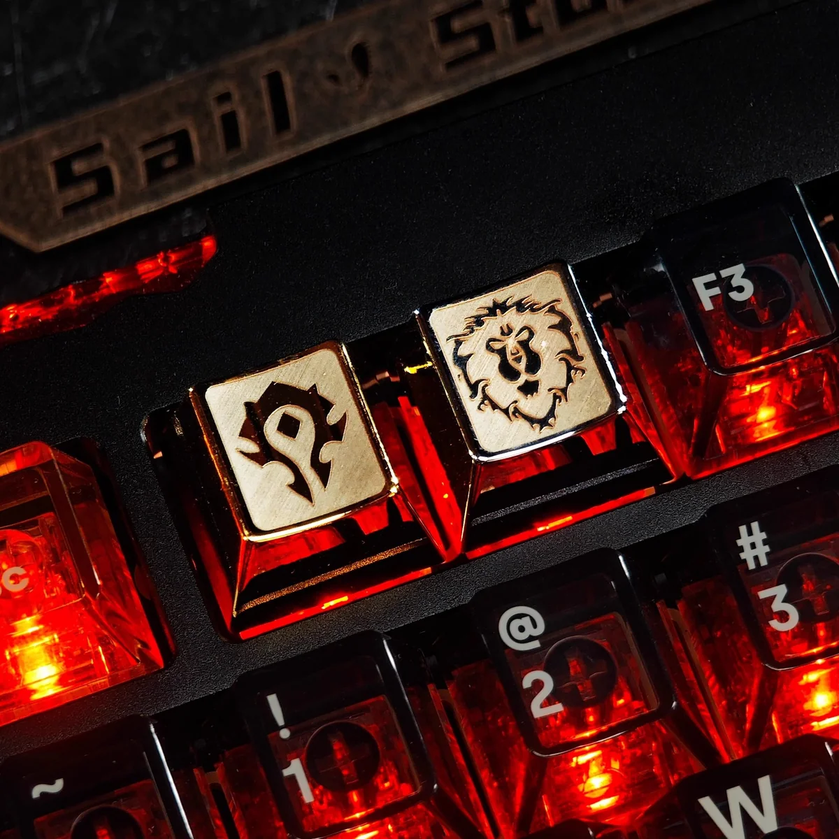 Premium Metal World of Warcraft Faction Keycap, showcasing a meticulously crafted iconic Horde symbol with a striking metallic finish.