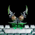 Detailed view of the artisan Warglaives of Azzinoth World of Warcraft keycap, showcasing its hand-painted metallic finish and dark fantasy design.