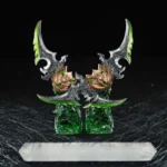 Premium World of Warcraft Warglaives of Azzinoth artisan keycap, hand-painted with intricate metallic details, captured from a dynamic angle.