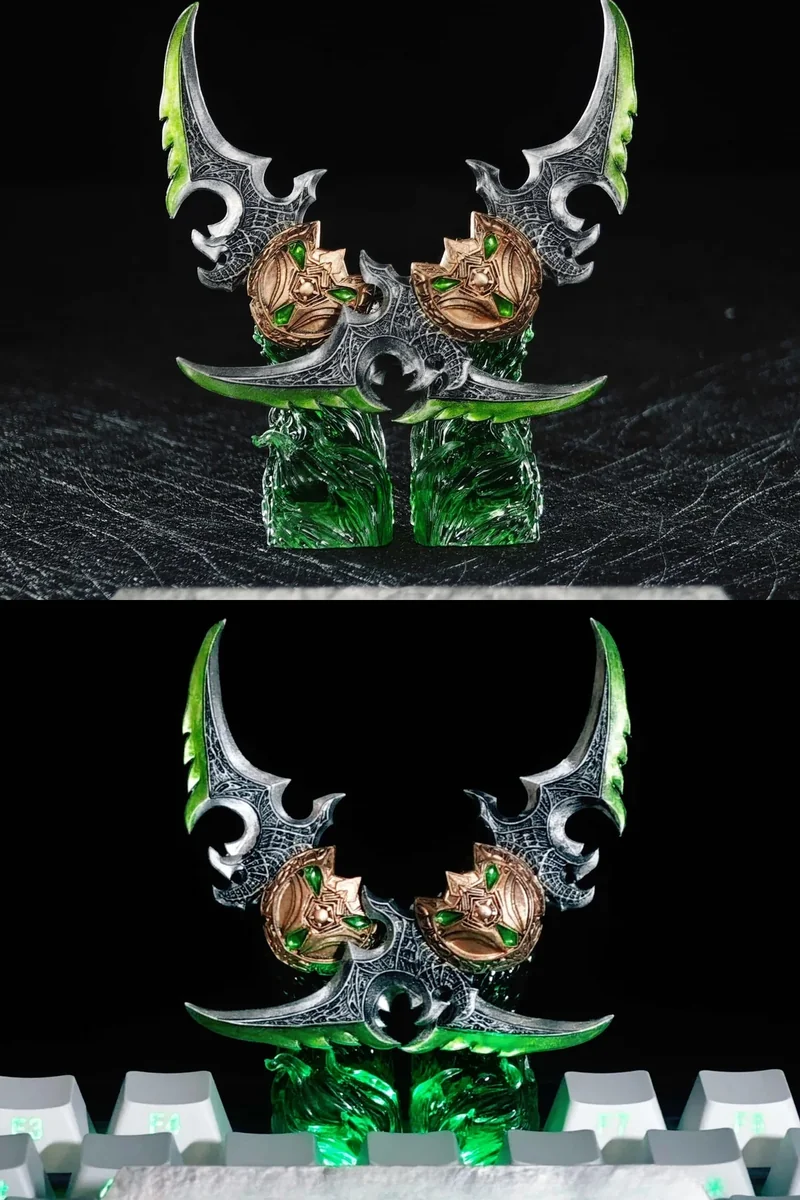 Premium artisan World of Warcraft keycap showcasing iconic, hand-painted Warglaives of Azzinoth with intricate dark fantasy metallic details.