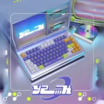 Vibrant Y2K Wave Nostalgia PBT keycaps Set, KDA profile, artfully angled to showcase the retro-futuristic digital aesthetic and premium PBT quality.