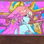 Close-up of the premium Yae Miko titanium ice-crystal keycap for Genshin Impact, revealing vibrant character motifs and iridescent ice-crystal effect.