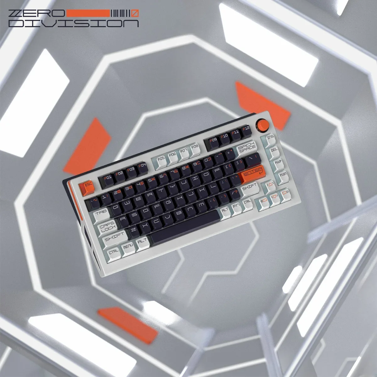 A gallery view of Zero Division Keycap Set, showcasing their unique abstract PBT design from various angles, highlighting geometric precision and premium design.