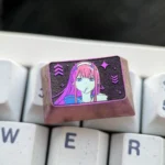 Stunning Zero Two titanium 1.5u Tab keycap, showcasing its exquisite anime art and meticulous sculpting from multiple angles, an ultimate collector's.