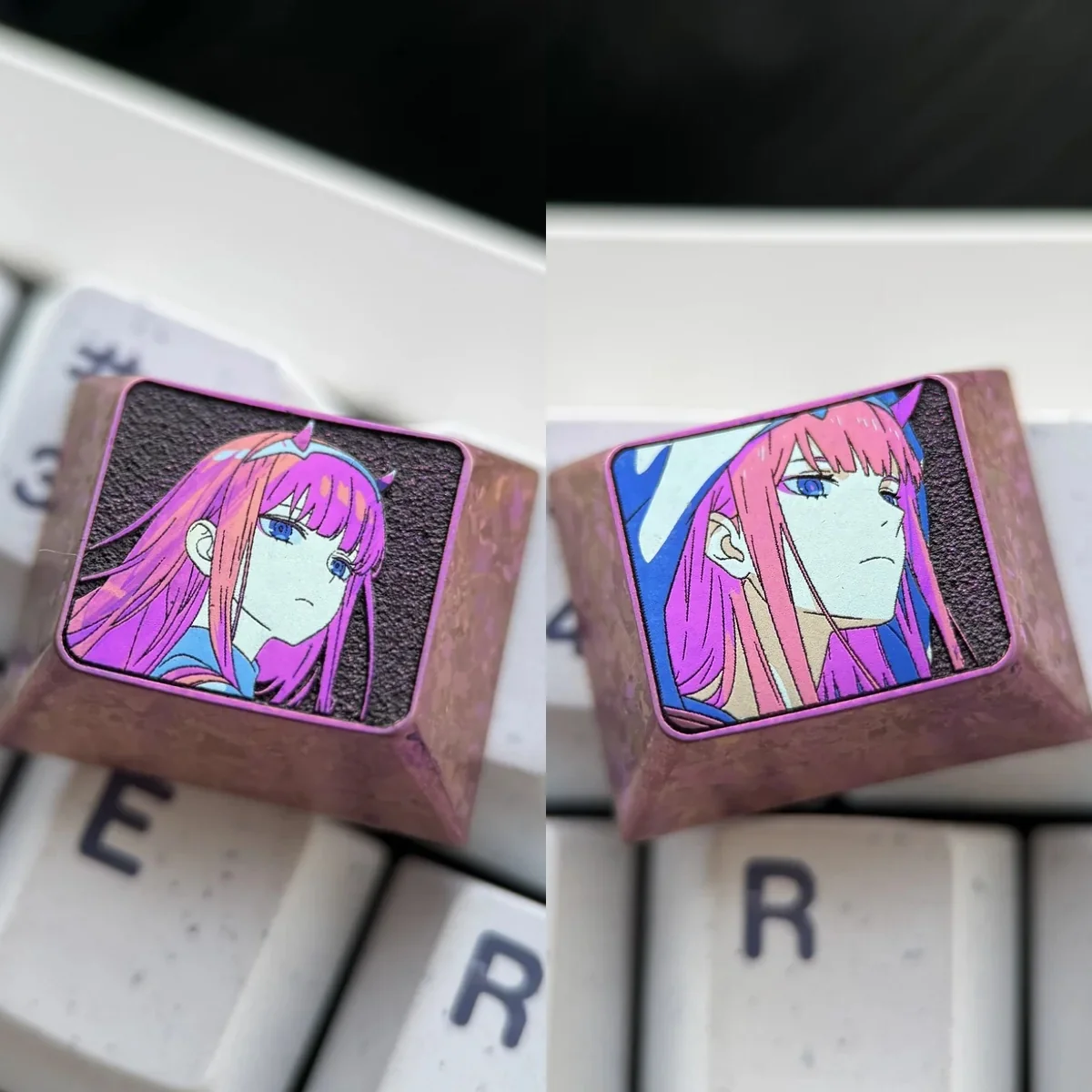 Iconic Zero Two Titanium Keycap. Main image reveals sleek metallic finish and vibrant anime art, highlighting premium titanium alloy and detailed Zero Two design.