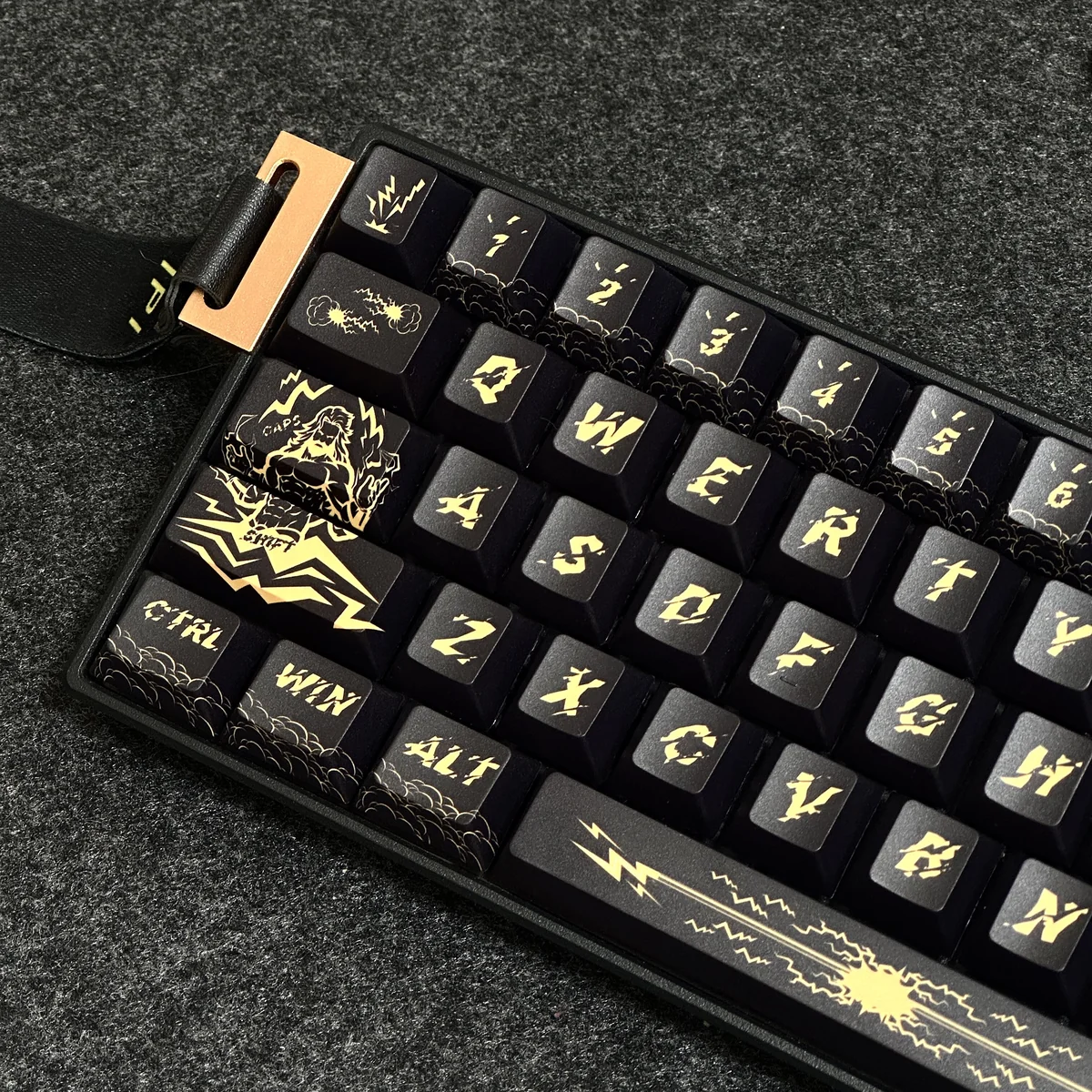Exclusive Zeus Cherry Keycap Set, regal black and gold, detailed from multiple angles, showcasing intricate King of Gods sculpting and commanding inspired.