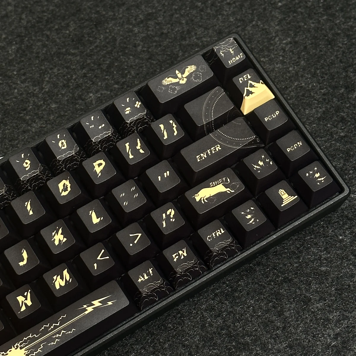 Exclusive Zeus Cherry Keycap Set in regal black and gold, showcasing intricate sculpted King of Gods details from various angles, a premium PBT Keycaps.