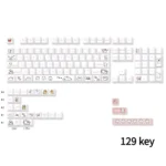 Close-up of the adorable pink puppy PBT keycap set, showcasing playful pastel designs and cute cartoon puppies from a unique angle for mechanical keyboard.