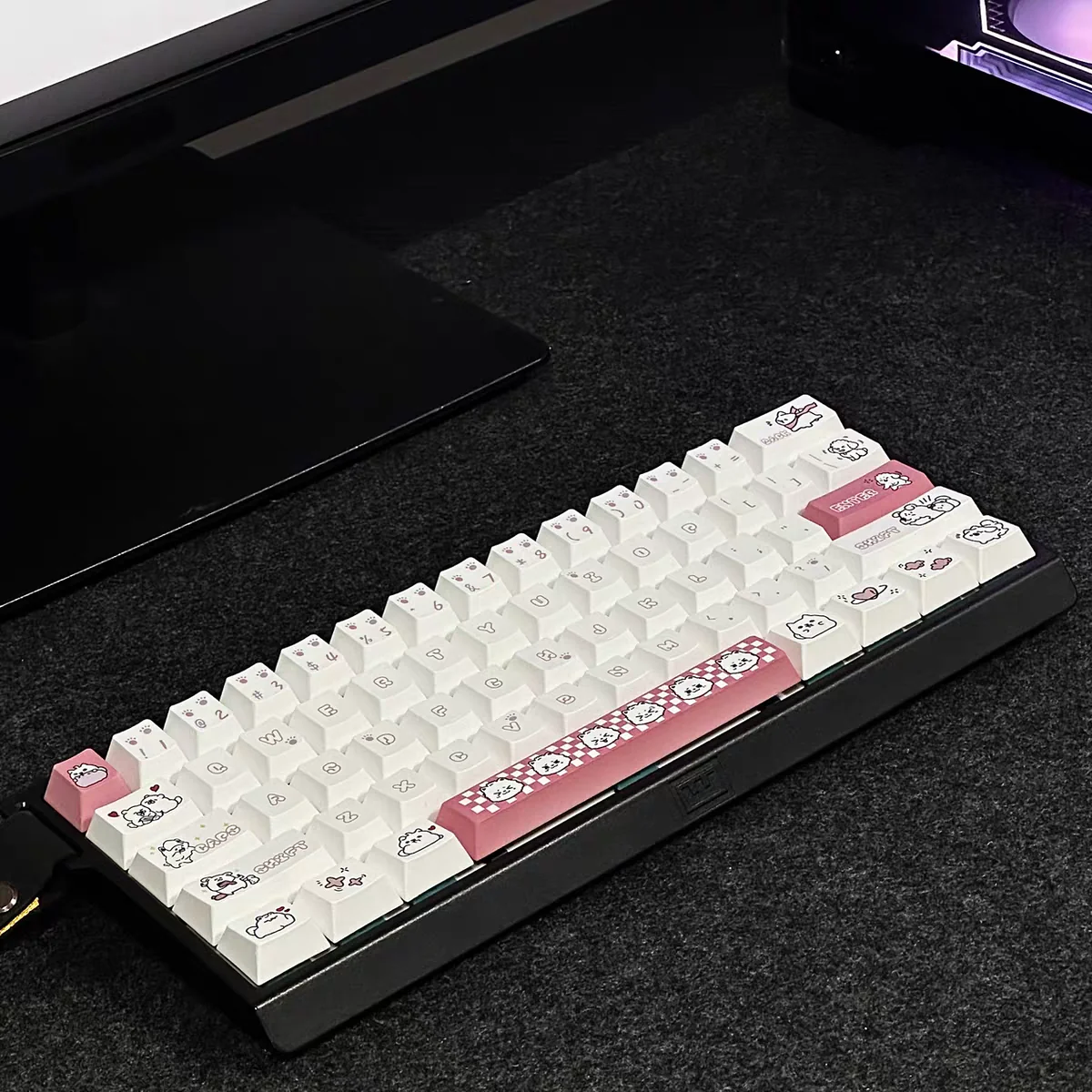 Adorable Puppy Cherry Keycap Set for mechanical keyboards, showcasing cute pastel puppy designs on a whimsical desktop.