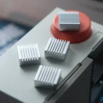 Premium CNC aluminum retro Arrow Key keycaps feature a sleek, minimalist industrial design. Multiple angles highlight their tactile appeal.