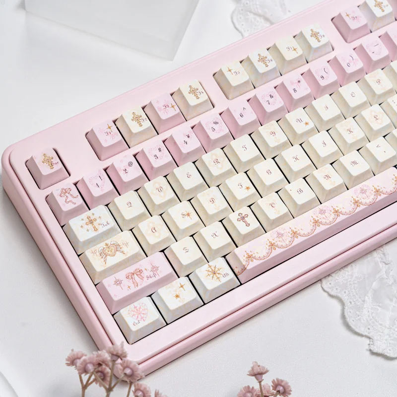 Angel's Lies Cherry Keycap Set gallery, highlighting dreamy pastel shades and whimsical angelic motifs from multiple angles for personalized keyboard.