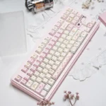 A dreamy close-up of the Angel's Lies Cherry Keycap Set, showcasing its pastel hues and whimsical angelic legends from a unique perspective for keyboard.