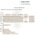 Close-up of the Angel's Lies Cherry Keycap Set, showcasing various key profiles and whimsical angelic motifs for a dreamy keyboard aesthetic.