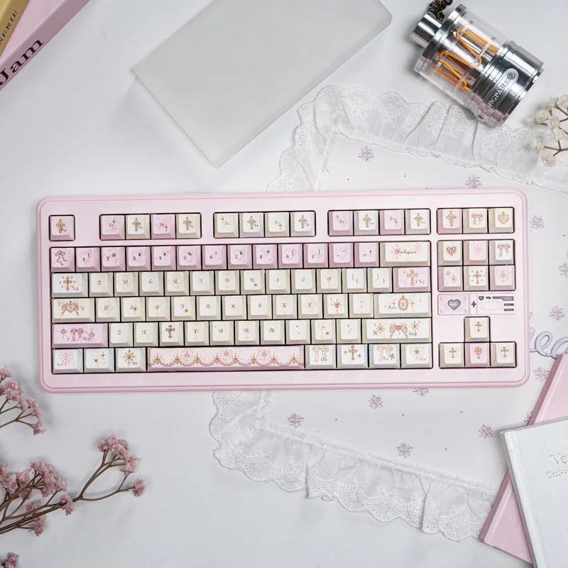 Angel's Lies Cherry Keycap Set, featuring dreamy pastel hues and whimsical angelic motifs, perfect for a personalized keyboard aesthetic.