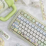 Whimsical Animal Crossing PBT keycap set gallery, featuring vibrant character designs and playful island elements from multiple angles for a joyful design.