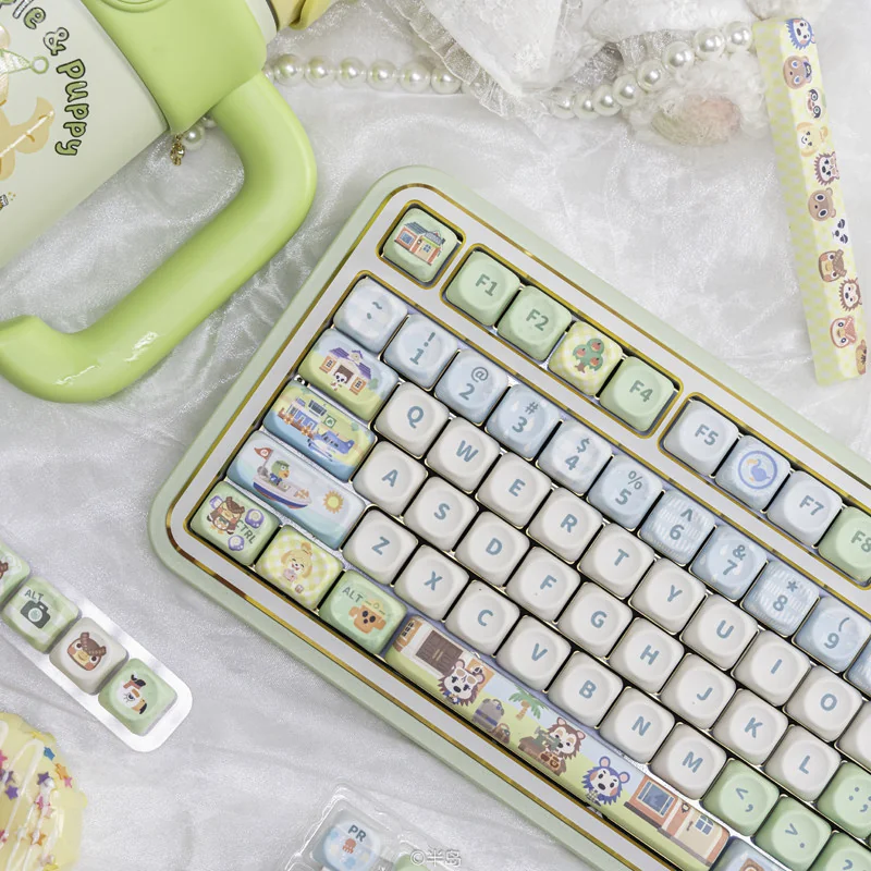 Whimsical Animal Crossing PBT keycap set gallery, featuring vibrant character designs and playful island elements from multiple angles for a joyful design.