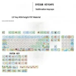 Close-up of whimsical Animal Crossing PBT keycaps set showcasing vibrant character designs and island elements from multiple joyful angles, ideal for a playful setup.