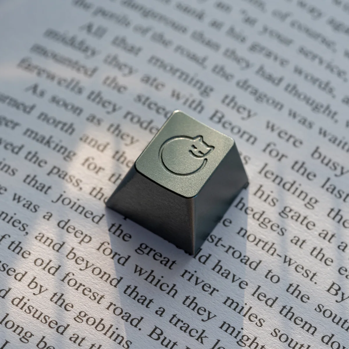 A handcrafted whimsical aluminum sleeping cat artisan ESC keycap, meticulously detailed, presented from an artistic angle emphasizing its premium metallic setup.