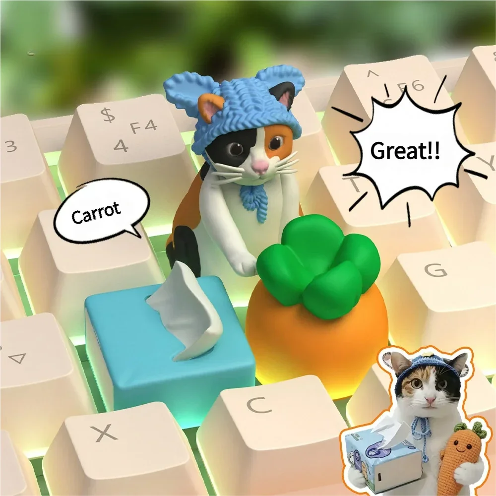 A detailed view of the whimsical Carrot tissue cat artisan keycap, highlighting its handcrafted detail and unique playful design from a charming personalize design.