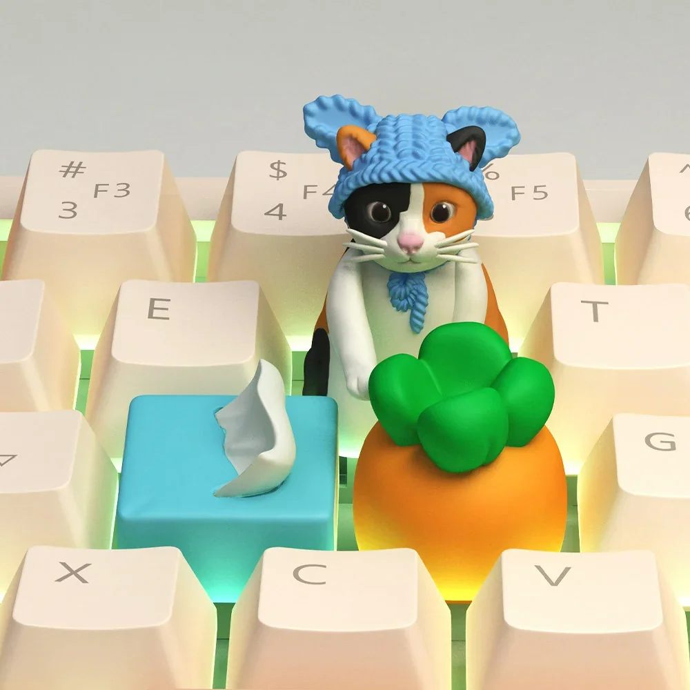 Whimsical Carrot Tissue Cat Artisan Keycap, a unique handcrafted piece for mechanical keyboards, featuring adorable details.