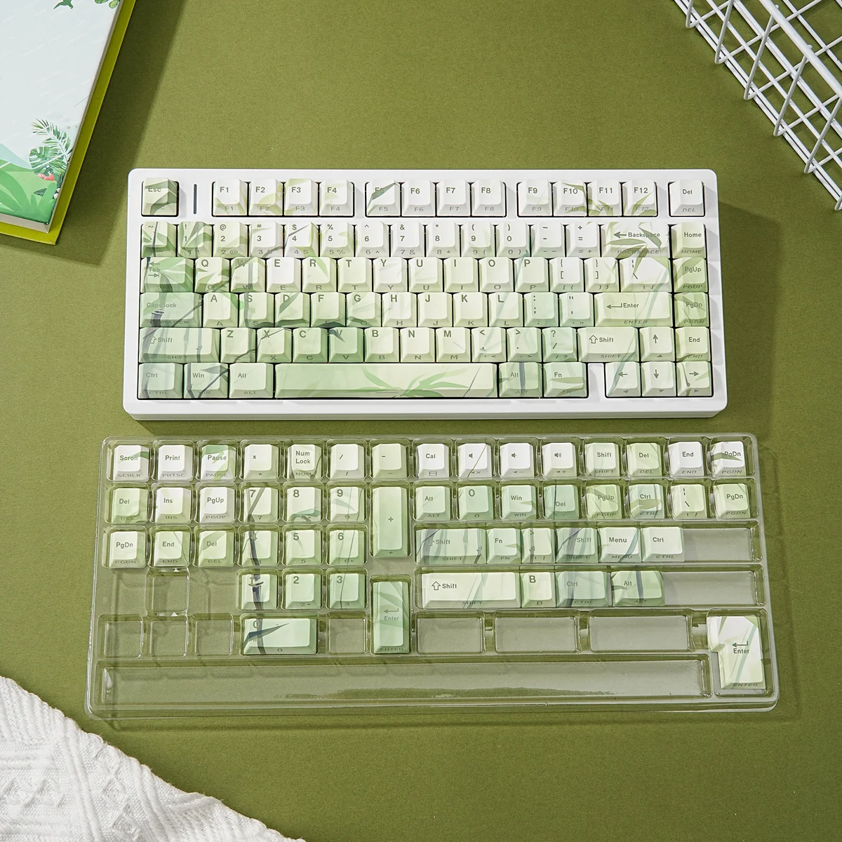 Artistic close-up of serene Bamboo PBT Keycaps Set, highlighting the nature-inspired minimalist bamboo forest motif and tranquil elegant green hues.