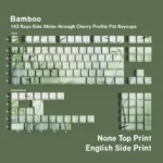 Serene Bamboo PBT Keycaps Set, a nature-inspired set with elegant green hues and minimalist bamboo forest motif. Detailed views for a tranquil desktop.