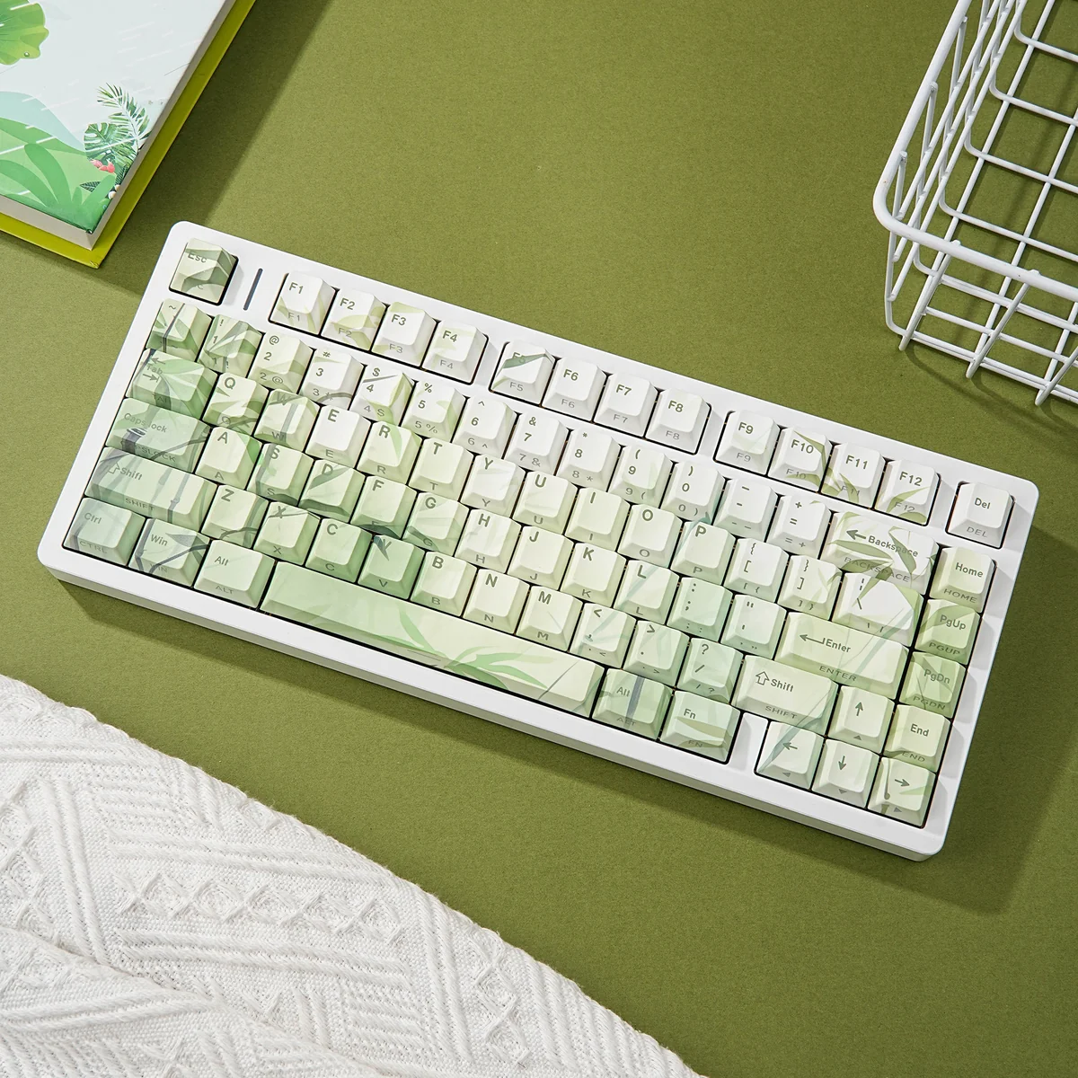 Artistic Bamboo PBT Keycaps Set showcasing a serene nature-inspired design with elegant green hues for a tranquil desktop aesthetic.