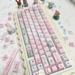 Side angle of the cute bear keycaps set, revealing the crisp dye-sub picnic bear art on durable PBT material.