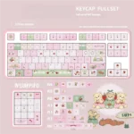 Close-up views of the whimsical picnic bear keycaps set, showcasing adorable PBT dye-sub designs with pastel bears and nature elements from various angles.