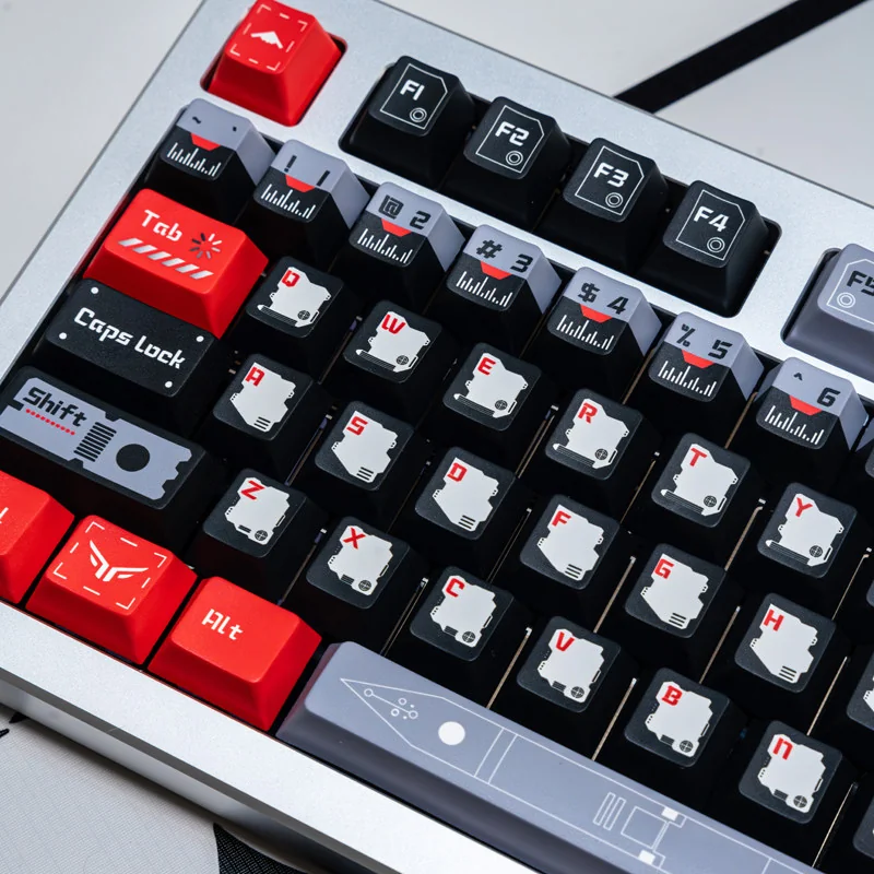 Exclusive Black Armor Bridge PBT Keycaps Set in a detailed view, showcasing their dark, tactical sci-fi industrial design, perfect for a starship's command.