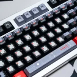 Side profile of the exclusive Black Armor Bridge PBT Keycaps Set, highlighting their tactical sci-fi texture and premium dark industrial finish.