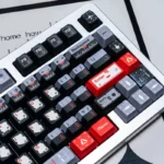 A detailed view of the exclusive Black Armor Bridge PBT keycaps set, revealing their tactical sci-fi design and dark, industrial aesthetic, reminiscent design.