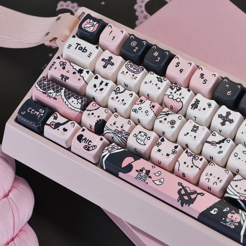 Exquisite black cat artisan PBT keycap set, viewed from a striking angle, highlighting its sleek, mysterious silhouette for elegant keyboard customization.