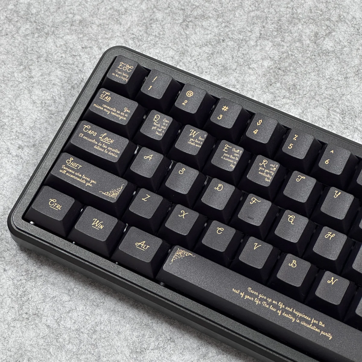 Black Gold Baroque PBT Keycaps Set with intricate golden classical motifs on black. Multiple angles highlight its luxurious, artistic design.