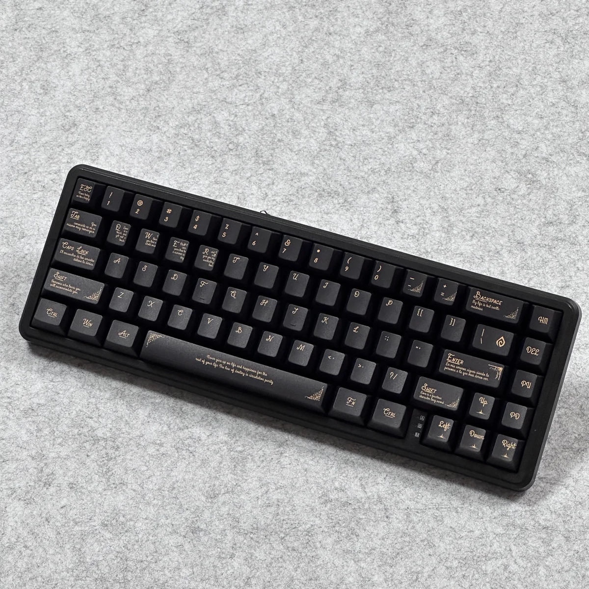 An elegant collection of Ornate Black Gold Baroque PBT Keycaps Set, showcasing intricate classical patterns from multiple luxurious angles.