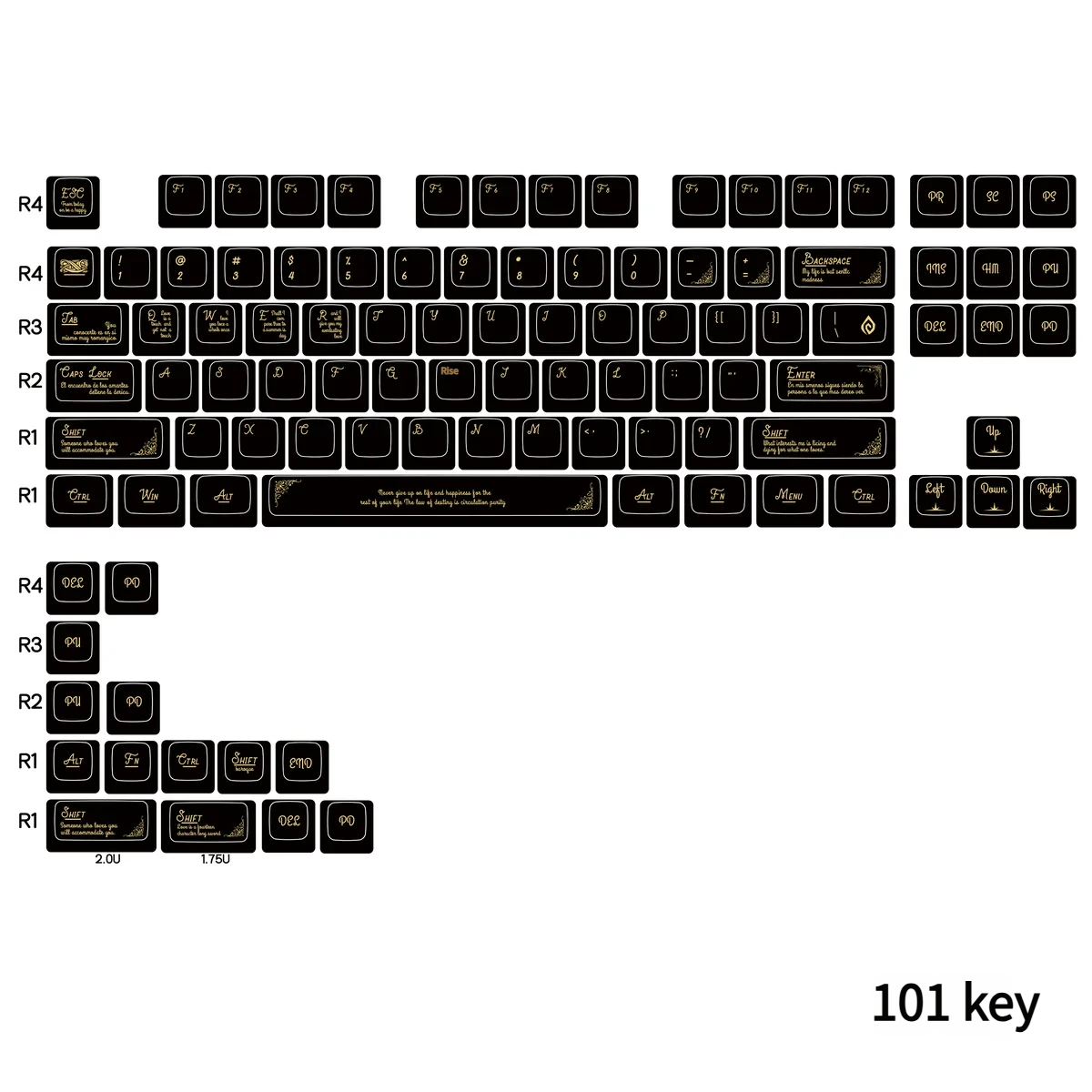 Black Gold Baroque PBT keycaps set for 75-87 layout, displaying intricate classical patterns with a luxurious finish.