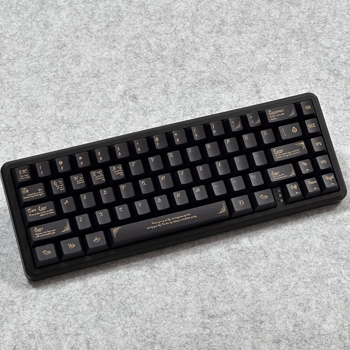 Luxurious Black Gold Baroque PBT Keycaps Set, showcasing intricate classical gold patterns on deep black keys for a grand, artistic keyboard.