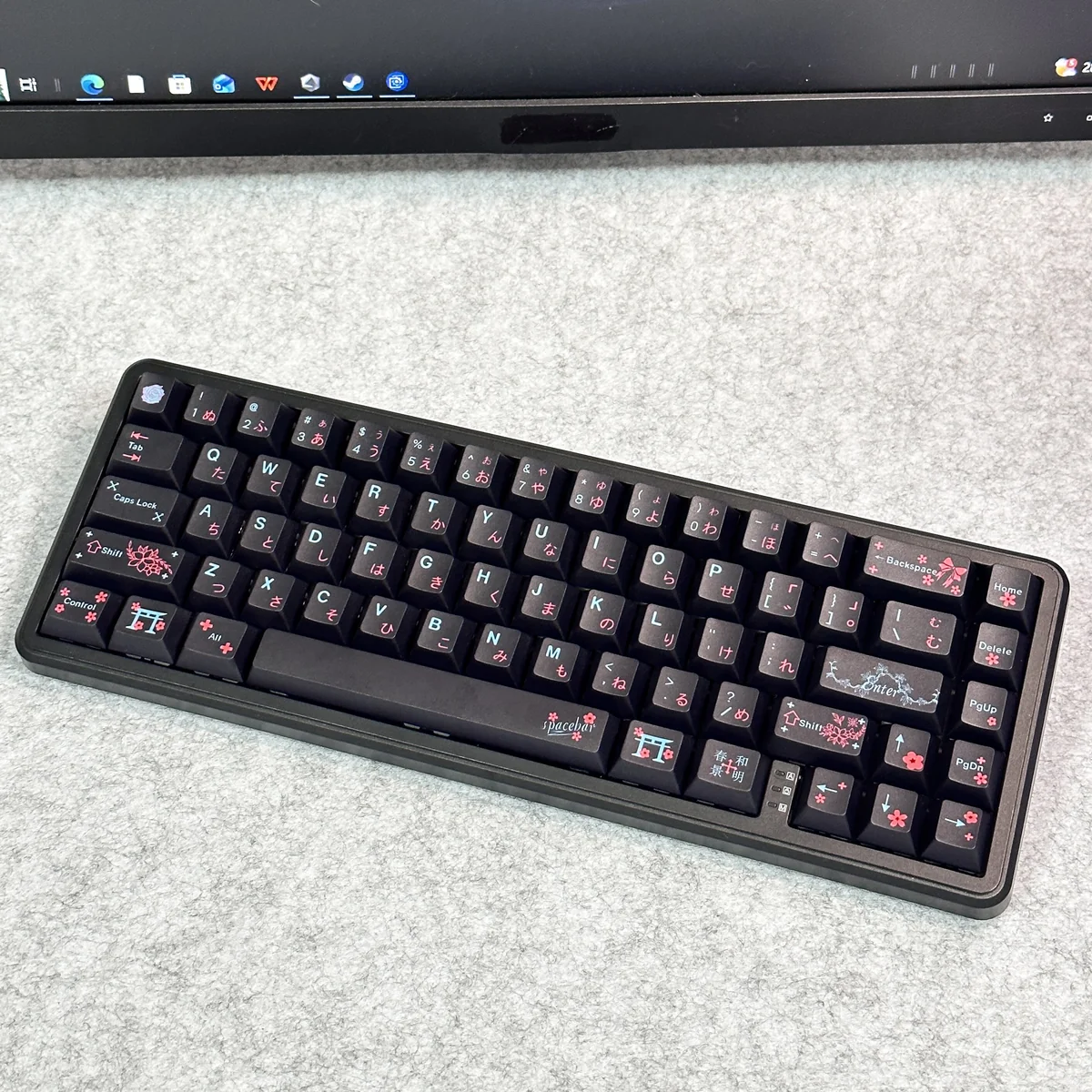 Serene Black Japanese PBT Dye-Sublimated Keycaps Set, showcasing durable PBT and intricate Kanji legends with a serene natural motif, for an elegant dark design.