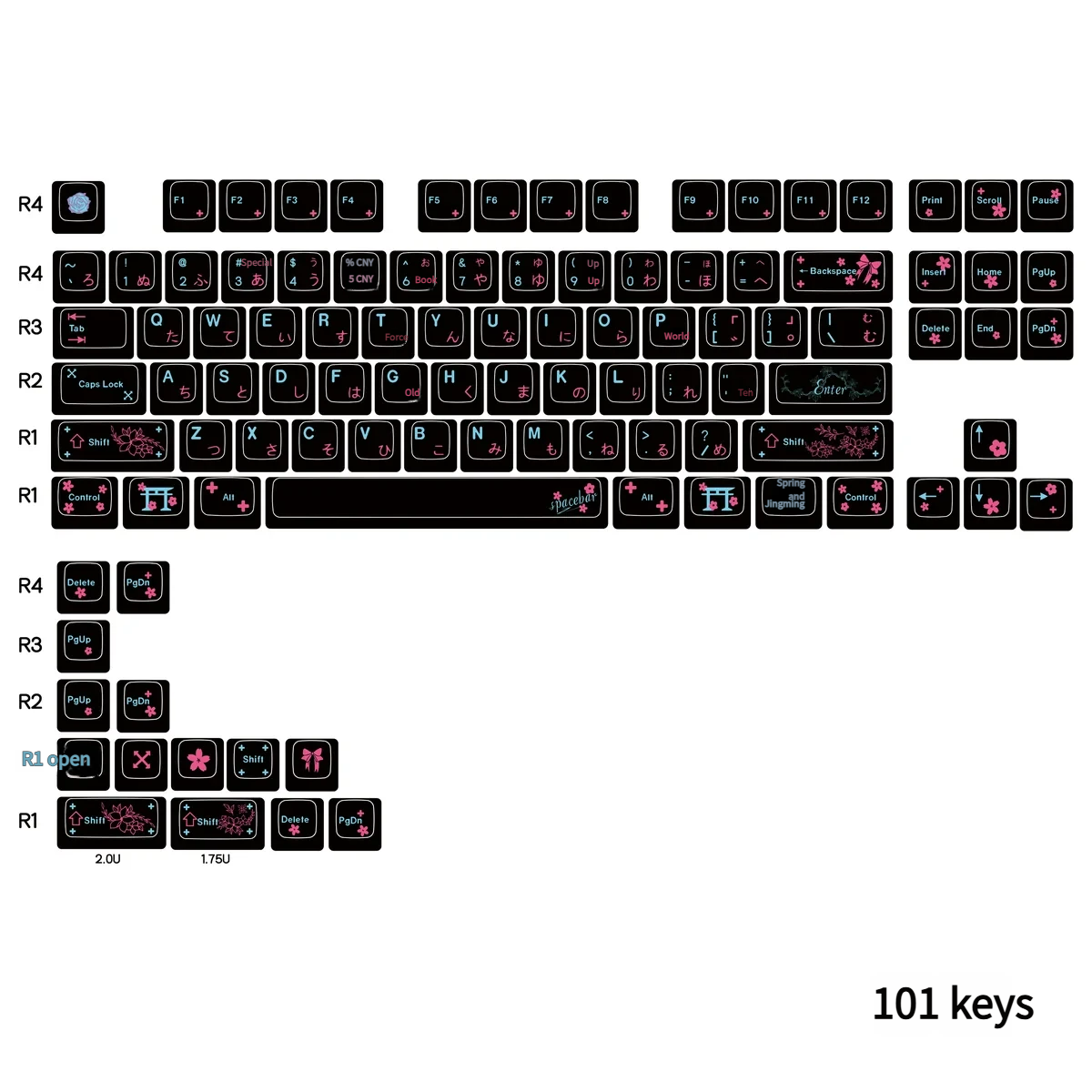 Durable black Japanese PBT keycaps set for 75-87 layouts, featuring serene dye-sublimated designs with elegant spring and scenic motifs.